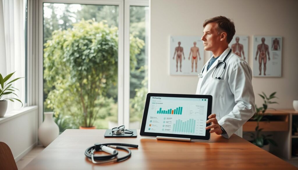 A serene doctor's office, bright and airy, with a large window overlooking a lush, verdant garden. In the foreground, a wooden desk with medical instruments and a tablet displaying a health report. A thoughtful physician, dressed in a crisp white coat, stands behind the desk, gesturing towards the screen, ready to explain the importance of preventive healthcare. The middle ground features anatomical diagrams on the wall, conveying the concept of profilaktyka, or preventive measures. The background showcases a calming, natural landscape, symbolizing the holistic approach to well-being. Soft, diffused lighting creates a warm, reassuring atmosphere, inviting the viewer to engage with the subject of healthcare prevention. A serene doctor's office, bright and airy, with a large window overlooking a lush, verdant garden. In the foreground, a wooden desk with medical instruments and a tablet displaying a health report. A thoughtful physician, dressed in a crisp white coat, stands behind the desk, gesturing towards the screen, ready to explain the importance of preventive healthcare. The middle ground features anatomical diagrams on the wall, conveying the concept of profilaktyka, or preventive measures. The background showcases a calming, natural landscape, symbolizing the holistic approach to well-being. Soft, diffused lighting creates a warm, reassuring atmosphere, inviting the viewer to engage with the subject of healthcare prevention.