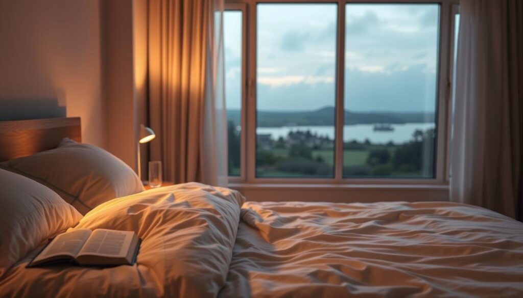 A cozy bedroom scene illuminated by warm, soft lighting. In the foreground, a comfortable-looking bed with plush bedding invites the viewer to relax. On the nightstand, a book and a glass of water suggest a calming bedtime routine. The middle ground features a simple, minimalist nightstand and lamp, creating a soothing, uncluttered atmosphere. In the background, a large window offers a serene view of a tranquil, natural landscape, hinting at the importance of sleep hygiene and a connection to the outdoors. The overall mood is one of tranquility, relaxation, and a sense of balance between the physical and mental aspects of sleep. A cozy bedroom scene illuminated by warm, soft lighting. In the foreground, a comfortable-looking bed with plush bedding invites the viewer to relax. On the nightstand, a book and a glass of water suggest a calming bedtime routine. The middle ground features a simple, minimalist nightstand and lamp, creating a soothing, uncluttered atmosphere. In the background, a large window offers a serene view of a tranquil, natural landscape, hinting at the importance of sleep hygiene and a connection to the outdoors. The overall mood is one of tranquility, relaxation, and a sense of balance between the physical and mental aspects of sleep.