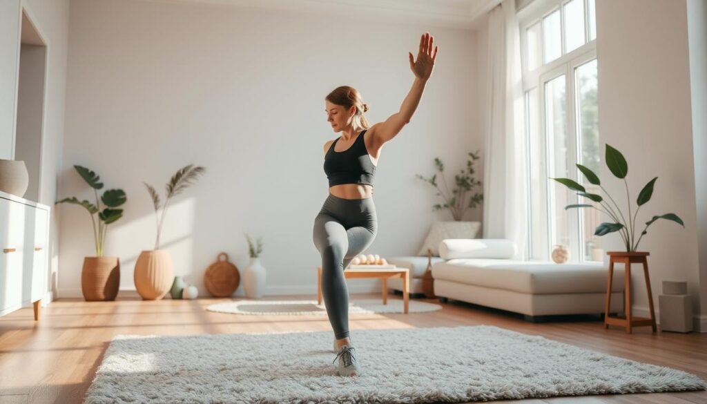 A cozy home workout scene with a minimalist, uncluttered aesthetic. In the foreground, a woman performs simple bodyweight exercises on a plush area rug, her movements graceful and focused. Behind her, a bright, airy living room with large windows allowing natural light to flood in, casting a warm, diffused glow. Subtle plant life and a few pieces of minimal decor add touches of nature and serenity. The overall mood is one of calm, rejuvenation, and the empowering realization that an effective workout can be achieved without any specialized equipment, just the body's own resistance. A serene, inspiring vision of accessible, beginner-friendly home fitness. A cozy home workout scene with a minimalist, uncluttered aesthetic. In the foreground, a woman performs simple bodyweight exercises on a plush area rug, her movements graceful and focused. Behind her, a bright, airy living room with large windows allowing natural light to flood in, casting a warm, diffused glow. Subtle plant life and a few pieces of minimal decor add touches of nature and serenity. The overall mood is one of calm, rejuvenation, and the empowering realization that an effective workout can be achieved without any specialized equipment, just the body's own resistance. A serene, inspiring vision of accessible, beginner-friendly home fitness.