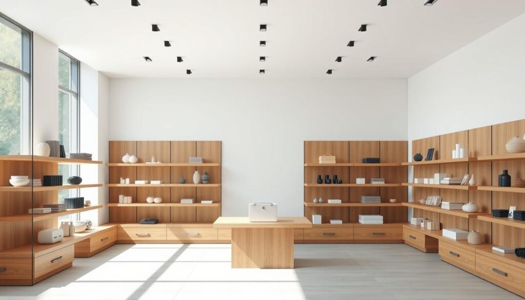 A modern, minimalist e-commerce storefront with a clean, inviting layout. Sleek product displays on wooden shelves against a bright, airy backdrop with natural lighting filtering in through large windows. Subtle gradients and geometric patterns add visual interest, while a central focal point showcases a key product. The overall atmosphere conveys a sense of simplicity, functionality, and the confidence of a well-designed online shopping experience. A modern, minimalist e-commerce storefront with a clean, inviting layout. Sleek product displays on wooden shelves against a bright, airy backdrop with natural lighting filtering in through large windows. Subtle gradients and geometric patterns add visual interest, while a central focal point showcases a key product. The overall atmosphere conveys a sense of simplicity, functionality, and the confidence of a well-designed online shopping experience.