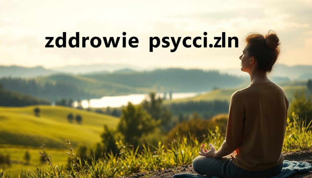 A serene, contemplative scene depicting the concept of "zdrowie psychiczne" (mental health). In the foreground, a figure sits in a meditative pose, their eyes closed and expression peaceful. The middle ground features a lush, verdant landscape with rolling hills and a tranquil lake, bathed in soft, diffused sunlight. In the background, wispy clouds drift across a pale blue sky, creating a sense of calm and balance. The overall atmosphere is one of introspection, harmony, and the restoration of mental well-being. A serene, contemplative scene depicting the concept of "zdrowie psychiczne" (mental health). In the foreground, a figure sits in a meditative pose, their eyes closed and expression peaceful. The middle ground features a lush, verdant landscape with rolling hills and a tranquil lake, bathed in soft, diffused sunlight. In the background, wispy clouds drift across a pale blue sky, creating a sense of calm and balance. The overall atmosphere is one of introspection, harmony, and the restoration of mental well-being.