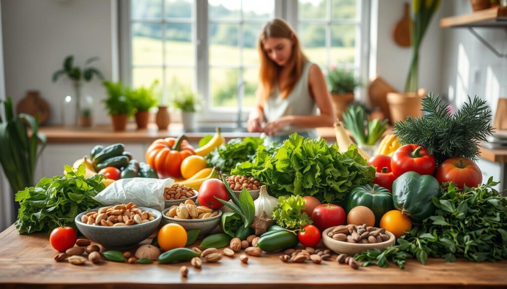 A serene kitchen setting with an abundance of fresh, vibrant produce and natural lighting. In the foreground, a wooden table showcases various anti-inflammatory ingredients such as leafy greens, colorful fruits, nuts, and herbs. The middle ground features a person gently arranging these items, conveying a sense of mindfulness and care. In the background, a window overlooks a lush, green landscape, evoking a peaceful, nurturing atmosphere. The overall scene radiates a warm, earthy tone, inviting the viewer to explore the principles of an anti-inflammatory diet. A serene kitchen setting with an abundance of fresh, vibrant produce and natural lighting. In the foreground, a wooden table showcases various anti-inflammatory ingredients such as leafy greens, colorful fruits, nuts, and herbs. The middle ground features a person gently arranging these items, conveying a sense of mindfulness and care. In the background, a window overlooks a lush, green landscape, evoking a peaceful, nurturing atmosphere. The overall scene radiates a warm, earthy tone, inviting the viewer to explore the principles of an anti-inflammatory diet.