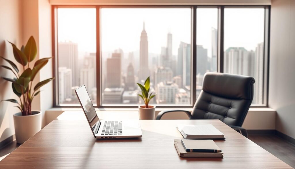 A sleek, modern business office interior with a large window overlooking a bustling city skyline. In the foreground, a simple and elegant wooden desk with a laptop, a stack of documents, and a pen holder. The middle ground features a comfortable leather office chair and a potted plant, creating a sense of balance and professionalism. The background showcases a minimalist, monochromatic color palette with clean lines and geometric shapes, conveying a sense of order and focus. Warm, directional lighting casts subtle shadows, adding depth and atmosphere to the scene. The overall mood is one of productivity, sophistication, and a commitment to financial success. A sleek, modern business office interior with a large window overlooking a bustling city skyline. In the foreground, a simple and elegant wooden desk with a laptop, a stack of documents, and a pen holder. The middle ground features a comfortable leather office chair and a potted plant, creating a sense of balance and professionalism. The background showcases a minimalist, monochromatic color palette with clean lines and geometric shapes, conveying a sense of order and focus. Warm, directional lighting casts subtle shadows, adding depth and atmosphere to the scene. The overall mood is one of productivity, sophistication, and a commitment to financial success.