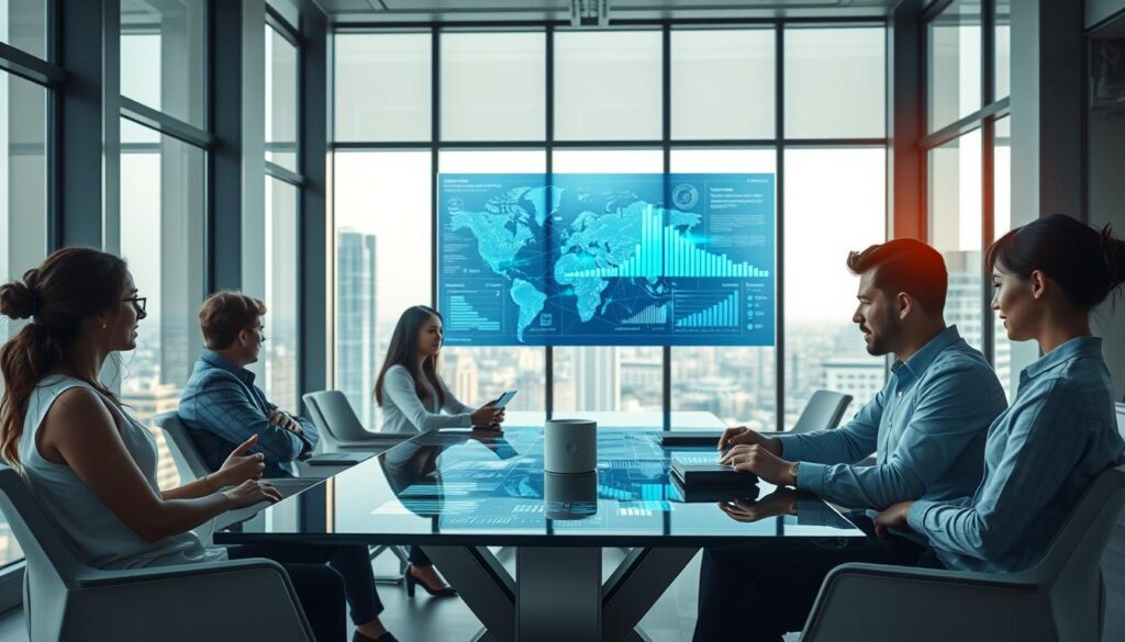 A sleek, modern office interior in 2025, flooded with natural light from large windows. In the foreground, a team of young, diverse professionals collaborating around a glass conference table, their faces illuminated by the glow of futuristic digital displays. In the middle ground, a dynamic data visualization board dominates the room, depicting interconnected business metrics and insights. The background features minimalist, high-tech furnishings and a cityscape visible through the windows, showcasing the advanced, interconnected nature of B2B marketing in the future. A sleek, modern office interior in 2025, flooded with natural light from large windows. In the foreground, a team of young, diverse professionals collaborating around a glass conference table, their faces illuminated by the glow of futuristic digital displays. In the middle ground, a dynamic data visualization board dominates the room, depicting interconnected business metrics and insights. The background features minimalist, high-tech furnishings and a cityscape visible through the windows, showcasing the advanced, interconnected nature of B2B marketing in the future.