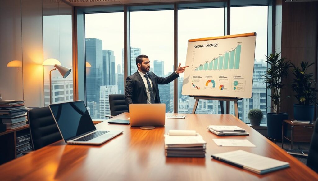 A well-lit office interior with a large wooden desk, sleek laptop, and stacks of paperwork. In the foreground, a businessperson gestures towards a whiteboard displaying a colorful growth strategy diagram. Behind them, a floor-to-ceiling window overlooks a bustling cityscape, symbolizing the potential for expansion. Warm, professional lighting casts an inviting glow, creating a sense of focus and determination. The overall atmosphere conveys an air of strategic planning and calculated growth for a thriving small-to-medium enterprise. A well-lit office interior with a large wooden desk, sleek laptop, and stacks of paperwork. In the foreground, a businessperson gestures towards a whiteboard displaying a colorful growth strategy diagram. Behind them, a floor-to-ceiling window overlooks a bustling cityscape, symbolizing the potential for expansion. Warm, professional lighting casts an inviting glow, creating a sense of focus and determination. The overall atmosphere conveys an air of strategic planning and calculated growth for a thriving small-to-medium enterprise.