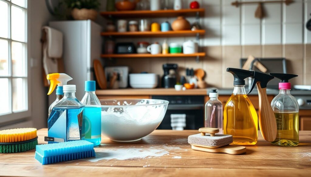 A cozy kitchen interior, with natural light streaming through a window. In the foreground, a wooden table holds various cleaning supplies - sponges, brushes, and stain-removing solutions. In the middle ground, a basin filled with soapy water, ready for the task of stain removal. The background features shelves stocked with household essentials, hinting at the practical nature of this scene. The overall atmosphere is one of quiet focus and domestic efficiency, setting the stage for the "Wprowadzenie do odplamiania" - the introduction to the art of effective stain removal. A cozy kitchen interior, with natural light streaming through a window. In the foreground, a wooden table holds various cleaning supplies - sponges, brushes, and stain-removing solutions. In the middle ground, a basin filled with soapy water, ready for the task of stain removal. The background features shelves stocked with household essentials, hinting at the practical nature of this scene. The overall atmosphere is one of quiet focus and domestic efficiency, setting the stage for the "Wprowadzenie do odplamiania" - the introduction to the art of effective stain removal.
