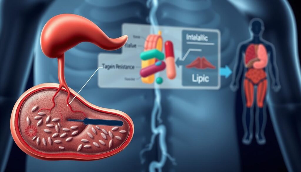 A detailed medical illustration depicting the key features and progression of type 2 diabetes. In the foreground, a cross-section of the pancreas showcases the diminished insulin production. The middle ground features an anatomical diagram of insulin resistance in target tissues. In the background, a simplified visualization of the metabolic disruptions, such as elevated blood glucose and lipid levels. The lighting is clinical and anatomical, with soft shadows accentuating the physiological structures. The overall mood is informative and educational, guiding the viewer through the fundamental pathophysiology of type 2 diabetes. A detailed medical illustration depicting the key features and progression of type 2 diabetes. In the foreground, a cross-section of the pancreas showcases the diminished insulin production. The middle ground features an anatomical diagram of insulin resistance in target tissues. In the background, a simplified visualization of the metabolic disruptions, such as elevated blood glucose and lipid levels. The lighting is clinical and anatomical, with soft shadows accentuating the physiological structures. The overall mood is informative and educational, guiding the viewer through the fundamental pathophysiology of type 2 diabetes.