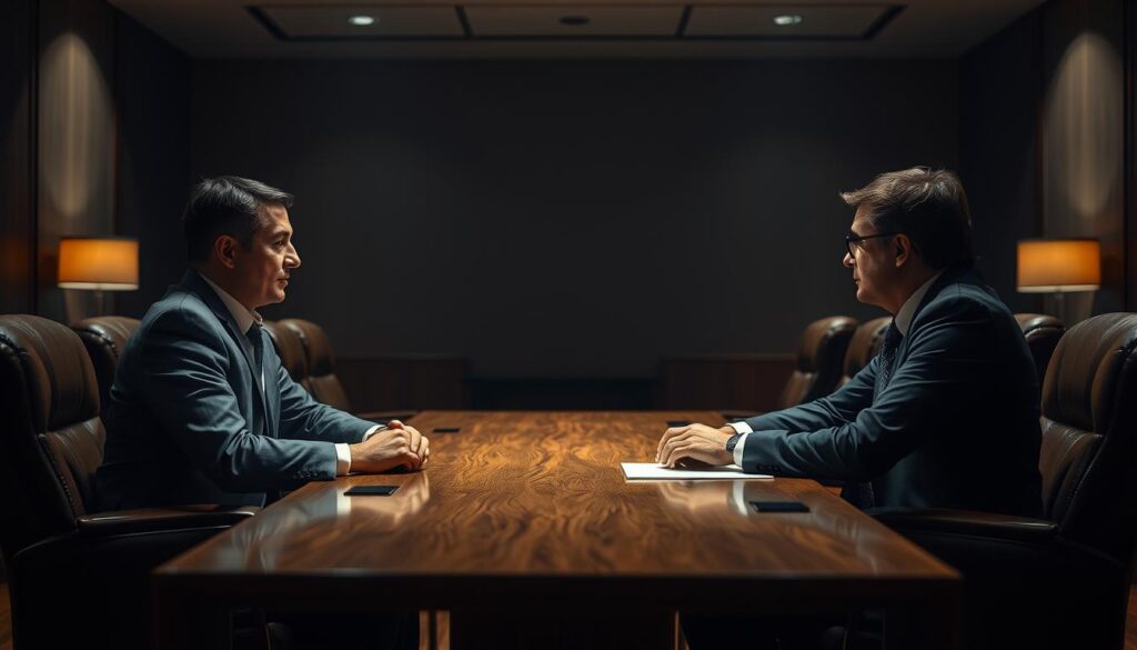 A dimly lit conference room, the air thick with anticipation. A polished oak table takes center stage, surrounded by plush leather chairs. In the foreground, two negotiators sit across from one another, their expressions intense yet measured. Soft ambient lighting casts dramatic shadows, creating an atmosphere of high-stakes deliberation. The background is blurred, drawing the viewer's focus to the central figures as they engage in the intricate dance of negotiation, each move carefully considered, each word chosen with precision. The scene conveys the gravity and importance of the "Wprowadzenie do negocjacji" - the introductory phase where the foundations for a successful negotiation are laid.
