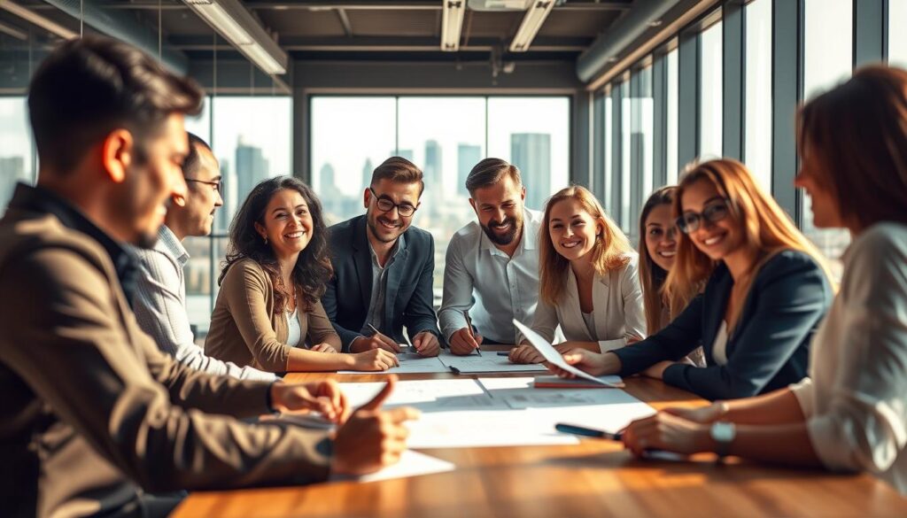A dynamic team of professionals in a hybrid work environment, gathered around a conference table, engaged in lively discussion. The foreground features diverse team members collaborating on a project, their facial expressions conveying thoughtful engagement. The middle ground showcases a stylish, minimalist office space with floor-to-ceiling windows, allowing natural light to flood the scene. The background blurs into a city skyline, hinting at the broader context of the hybrid team's work. The lighting is warm and inviting, creating an atmosphere of productivity and collaboration. The camera angle is slightly elevated, providing an inclusive, bird's-eye view of the hybrid team in action. A dynamic team of professionals in a hybrid work environment, gathered around a conference table, engaged in lively discussion. The foreground features diverse team members collaborating on a project, their facial expressions conveying thoughtful engagement. The middle ground showcases a stylish, minimalist office space with floor-to-ceiling windows, allowing natural light to flood the scene. The background blurs into a city skyline, hinting at the broader context of the hybrid team's work. The lighting is warm and inviting, creating an atmosphere of productivity and collaboration. The camera angle is slightly elevated, providing an inclusive, bird's-eye view of the hybrid team in action.