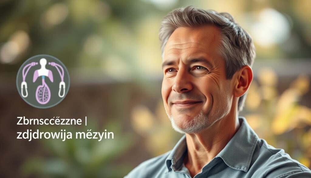 A serene, well-lit portrait depicting the importance of men's health. In the foreground, a mature, confident-looking man in a relaxed pose, his expression conveying a sense of inner balance and vitality. The middle ground features subtle visual cues alluding to prostate health and testosterone levels, such as a doctor's stethoscope or a symbolic representation of the male hormonal system. The background is a calming, softly-blurred natural setting, perhaps a lush garden or a tranquil outdoor scene, suggesting the holistic, preventative approach to men's wellness. Soft, diffused lighting illuminates the subject, creating a warm, inviting atmosphere that underscores the theme of "Znaczenie zdrowia mężczyzn". A serene, well-lit portrait depicting the importance of men's health. In the foreground, a mature, confident-looking man in a relaxed pose, his expression conveying a sense of inner balance and vitality. The middle ground features subtle visual cues alluding to prostate health and testosterone levels, such as a doctor's stethoscope or a symbolic representation of the male hormonal system. The background is a calming, softly-blurred natural setting, perhaps a lush garden or a tranquil outdoor scene, suggesting the holistic, preventative approach to men's wellness. Soft, diffused lighting illuminates the subject, creating a warm, inviting atmosphere that underscores the theme of "Znaczenie zdrowia mężczyzn".