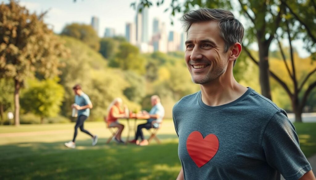 A serene, well-lit scene depicting the importance of heart health in everyday life. In the foreground, a person enjoying a brisk walk in a lush, verdant park, their face radiating a sense of vitality and well-being. In the middle ground, a family gathering around a table, sharing a healthy, heart-nourishing meal. In the background, a skyline dotted with modern, eco-friendly buildings, symbolizing the integration of cardiovascular wellness into the fabric of urban living. Soft, diffused lighting casts a warm, inviting glow, and the overall composition conveys a sense of balance, harmony, and the inherent connection between physical, mental, and social aspects of heart health.