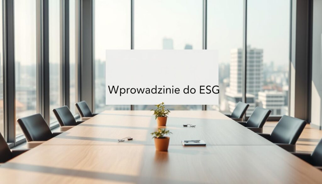 A sleek, modern corporate office interior with floor-to-ceiling windows overlooking a cityscape. The foreground features a large, wooden conference table surrounded by stylish, minimalist chairs. Soft, diffused natural lighting flows through the space, casting gentle shadows. On the table, a small potted plant and a few paperclips and pens create a sense of understated professionalism. The middle ground showcases a whiteboard displaying the words "Wprowadzenie do ESG" in crisp, sans-serif lettering. The background blurs into a hazy urban panorama, highlighting the connection between the corporate world and sustainable, environmentally-conscious practices. A sleek, modern corporate office interior with floor-to-ceiling windows overlooking a cityscape. The foreground features a large, wooden conference table surrounded by stylish, minimalist chairs. Soft, diffused natural lighting flows through the space, casting gentle shadows. On the table, a small potted plant and a few paperclips and pens create a sense of understated professionalism. The middle ground showcases a whiteboard displaying the words "Wprowadzenie do ESG" in crisp, sans-serif lettering. The background blurs into a hazy urban panorama, highlighting the connection between the corporate world and sustainable, environmentally-conscious practices.