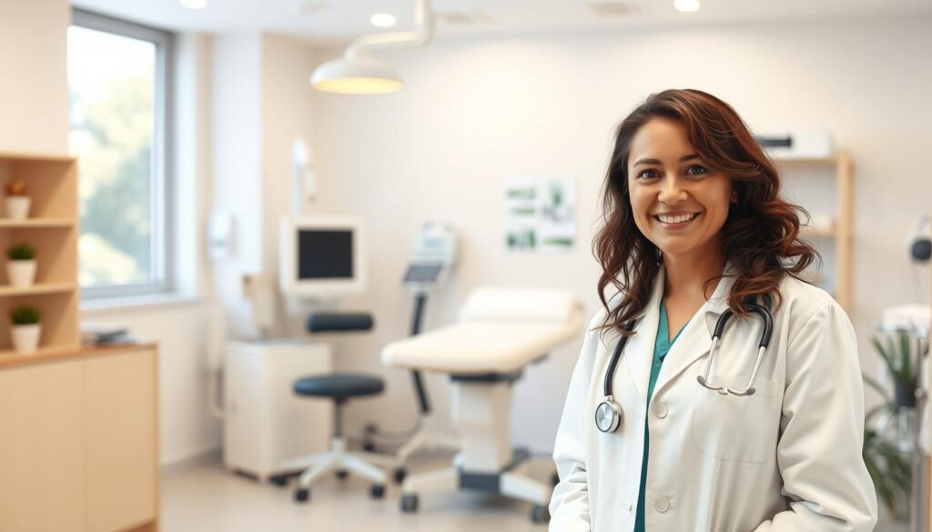 A warm, inviting scene of a modern, well-equipped medical clinic focused on women's health. In the foreground, a friendly female doctor in a white coat stands with a caring expression, ready to guide and support her patient. The middle ground features an examination table and medical equipment, conveying a sense of professionalism and expertise. The background showcases a soothing, natural environment with soft lighting and neutral colors, creating a calming, reassuring atmosphere. The overall composition emphasizes the importance of comprehensive, personalized healthcare for women, reflecting the article's focus on PCOS, endometriosis, and regular check-ups.