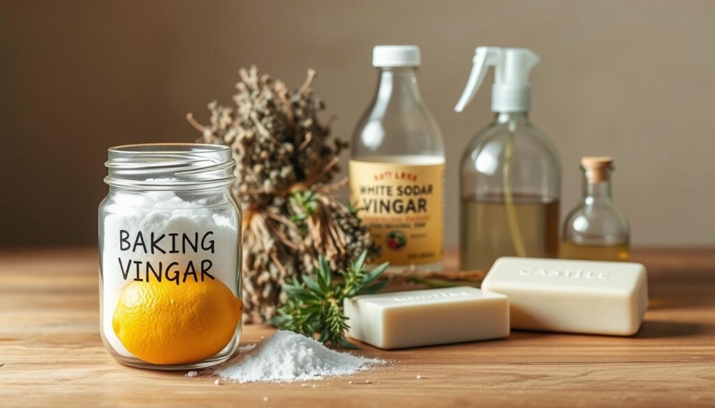 A well-lit, close-up photograph of an assortment of natural cleaning products arranged on a wooden surface. In the foreground, a glass jar filled with baking soda, a lemon, and a bottle of white vinegar. In the middle ground, a bundle of dried herbs, a bar of castile soap, and a small glass spray bottle. The background features a minimalist, earthy-toned setting, with a subtle vignette effect creating a sense of focus on the natural cleaning items. The lighting is soft and diffused, highlighting the textures and colors of the ingredients. The overall composition conveys a sense of simplicity, purity, and the effectiveness of using natural, household cleaners. A well-lit, close-up photograph of an assortment of natural cleaning products arranged on a wooden surface. In the foreground, a glass jar filled with baking soda, a lemon, and a bottle of white vinegar. In the middle ground, a bundle of dried herbs, a bar of castile soap, and a small glass spray bottle. The background features a minimalist, earthy-toned setting, with a subtle vignette effect creating a sense of focus on the natural cleaning items. The lighting is soft and diffused, highlighting the textures and colors of the ingredients. The overall composition conveys a sense of simplicity, purity, and the effectiveness of using natural, household cleaners.