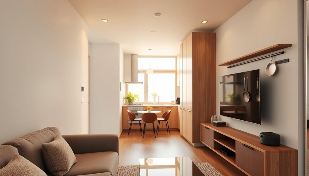 A well-organized and functional small apartment interior, with a focus on efficient storage solutions. A minimalist living room with a sleek, wall-mounted TV unit featuring hidden compartments and shelves. In the background, a neatly arranged kitchen with clean lines, streamlined cabinetry, and strategically placed hooks and racks for utensils and cookware. Warm, natural lighting filters in through large windows, creating a sense of openness and airiness. The overall atmosphere is one of calm, uncluttered sophistication, highlighting the beauty of simplicity and thoughtful spatial planning. A well-organized and functional small apartment interior, with a focus on efficient storage solutions. A minimalist living room with a sleek, wall-mounted TV unit featuring hidden compartments and shelves. In the background, a neatly arranged kitchen with clean lines, streamlined cabinetry, and strategically placed hooks and racks for utensils and cookware. Warm, natural lighting filters in through large windows, creating a sense of openness and airiness. The overall atmosphere is one of calm, uncluttered sophistication, highlighting the beauty of simplicity and thoughtful spatial planning.