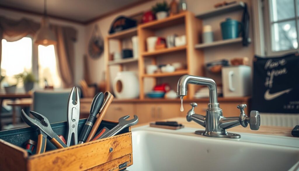 A cozy home interior with a focus on DIY home repairs. In the foreground, a toolbox filled with essential tools - pliers, screwdrivers, a wrench, and a hammer. Beside it, a sink with a dripping faucet, ready to be fixed. In the middle ground, a set of shelves displaying various household items, hinting at other potential repair projects. The background features warm, natural lighting filtering through a window, creating a welcoming and inviting atmosphere. The overall scene conveys a sense of self-reliance, problem-solving, and the satisfaction of tackling minor domestic issues with one's own hands. A cozy home interior with a focus on DIY home repairs. In the foreground, a toolbox filled with essential tools - pliers, screwdrivers, a wrench, and a hammer. Beside it, a sink with a dripping faucet, ready to be fixed. In the middle ground, a set of shelves displaying various household items, hinting at other potential repair projects. The background features warm, natural lighting filtering through a window, creating a welcoming and inviting atmosphere. The overall scene conveys a sense of self-reliance, problem-solving, and the satisfaction of tackling minor domestic issues with one's own hands.