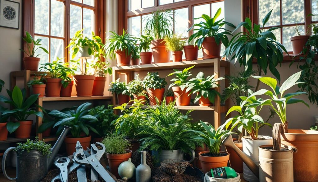 A cozy indoor scene with a variety of lush, thriving houseplants in terracotta pots arranged on a wooden shelving unit. The warm, natural lighting filters through large windows, casting soft shadows and highlighting the vibrant foliage. In the foreground, a selection of gardening tools and supplies, such as pruning shears, watering cans, and soil, are neatly organized, suggesting the care and attention required for proper indoor plant maintenance. The overall atmosphere is one of tranquility and harmony, inviting the viewer to explore the rewarding world of indoor plant cultivation. A cozy indoor scene with a variety of lush, thriving houseplants in terracotta pots arranged on a wooden shelving unit. The warm, natural lighting filters through large windows, casting soft shadows and highlighting the vibrant foliage. In the foreground, a selection of gardening tools and supplies, such as pruning shears, watering cans, and soil, are neatly organized, suggesting the care and attention required for proper indoor plant maintenance. The overall atmosphere is one of tranquility and harmony, inviting the viewer to explore the rewarding world of indoor plant cultivation.