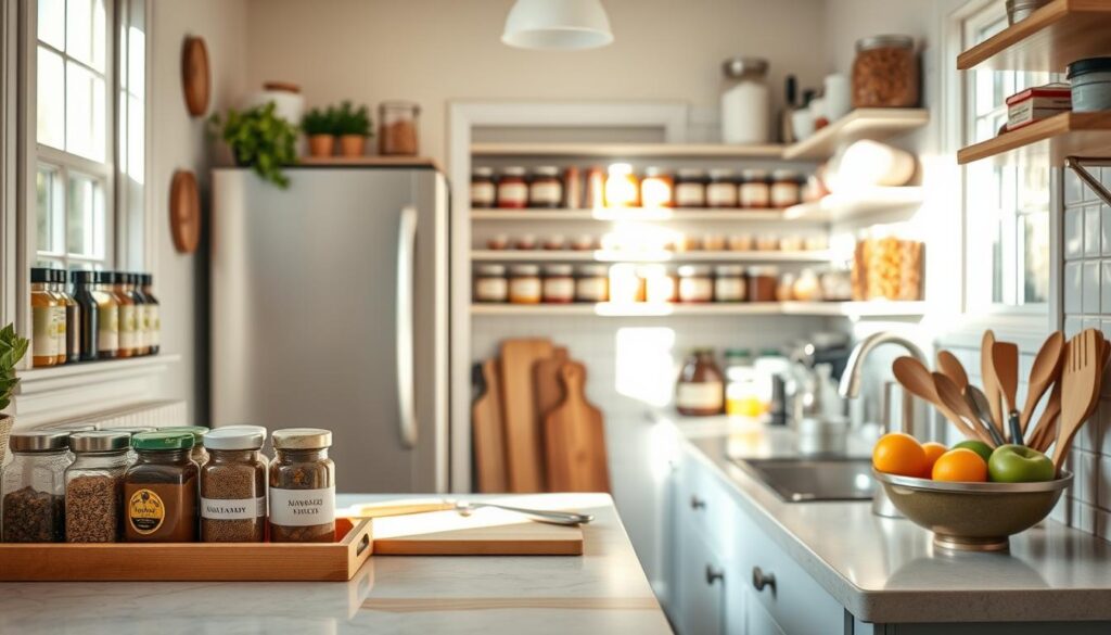 A cozy, sun-lit kitchen showcasing the importance of order. In the foreground, a neatly organized spice rack, each jar labeled and positioned with precision. In the middle ground, a tidy countertop with chopping boards, utensils, and a bowl of fresh produce, all arranged for efficient meal preparation. The background reveals a well-stocked pantry, shelves displaying meticulously labeled jars and containers, creating a sense of control and tranquility. Soft, natural lighting filters through the window, highlighting the harmonious flow and visual appeal of the organized space. This image conveys the significance of order in the kitchen, fostering an atmosphere of productivity, calm, and culinary inspiration. A cozy, sun-lit kitchen showcasing the importance of order. In the foreground, a neatly organized spice rack, each jar labeled and positioned with precision. In the middle ground, a tidy countertop with chopping boards, utensils, and a bowl of fresh produce, all arranged for efficient meal preparation. The background reveals a well-stocked pantry, shelves displaying meticulously labeled jars and containers, creating a sense of control and tranquility. Soft, natural lighting filters through the window, highlighting the harmonious flow and visual appeal of the organized space. This image conveys the significance of order in the kitchen, fostering an atmosphere of productivity, calm, and culinary inspiration.