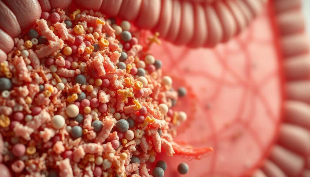 A detailed microscopic view of the intricate ecosystem of the human gut microbiome. In the foreground, a dense colony of diverse gut bacteria, archaea, and other microorganisms thriving in a complex matrix of fiber, enzymes, and metabolites. The middle ground showcases the intricate network of intestinal villi and crypts, highlighting the intimate relationship between the gut lining and its microbial inhabitants. The background subtly suggests the larger anatomical context, with the smooth muscle layers and blood vessels that nourish this delicate microcosm. Soft, natural lighting illuminates the scene, emphasizing the vibrant colors and textures of this invisible world within. Rendered with a sense of wonder and scientific curiosity, this image captures the remarkable complexity of the gut microbiome. A detailed microscopic view of the intricate ecosystem of the human gut microbiome. In the foreground, a dense colony of diverse gut bacteria, archaea, and other microorganisms thriving in a complex matrix of fiber, enzymes, and metabolites. The middle ground showcases the intricate network of intestinal villi and crypts, highlighting the intimate relationship between the gut lining and its microbial inhabitants. The background subtly suggests the larger anatomical context, with the smooth muscle layers and blood vessels that nourish this delicate microcosm. Soft, natural lighting illuminates the scene, emphasizing the vibrant colors and textures of this invisible world within. Rendered with a sense of wonder and scientific curiosity, this image captures the remarkable complexity of the gut microbiome.