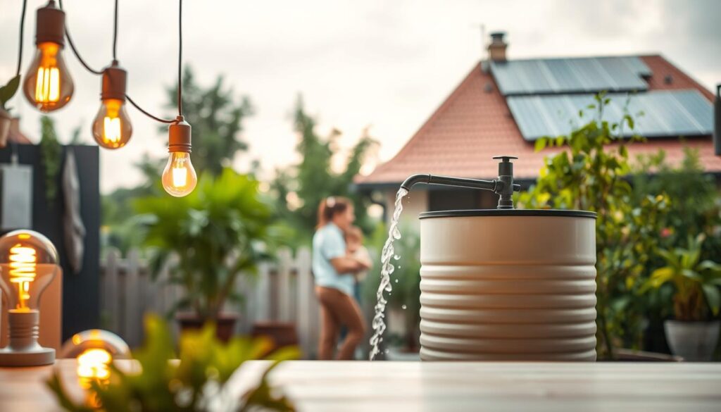 A tranquil scene depicting energy and water conservation in a modern household. In the foreground, a series of energy-efficient light bulbs and appliances glow softly, casting a warm, inviting ambiance. In the middle ground, a family collects rainwater in a stylish cistern, underscoring their commitment to sustainable water usage. The background showcases a lush, verdant garden thriving on the recycled water, with solar panels adorning the roof, harnessing renewable energy. The overall composition conveys a sense of harmony between technology, nature, and responsible resource management, inspiring the viewer to adopt eco-friendly practices in their own home. A tranquil scene depicting energy and water conservation in a modern household. In the foreground, a series of energy-efficient light bulbs and appliances glow softly, casting a warm, inviting ambiance. In the middle ground, a family collects rainwater in a stylish cistern, underscoring their commitment to sustainable water usage. The background showcases a lush, verdant garden thriving on the recycled water, with solar panels adorning the roof, harnessing renewable energy. The overall composition conveys a sense of harmony between technology, nature, and responsible resource management, inspiring the viewer to adopt eco-friendly practices in their own home.