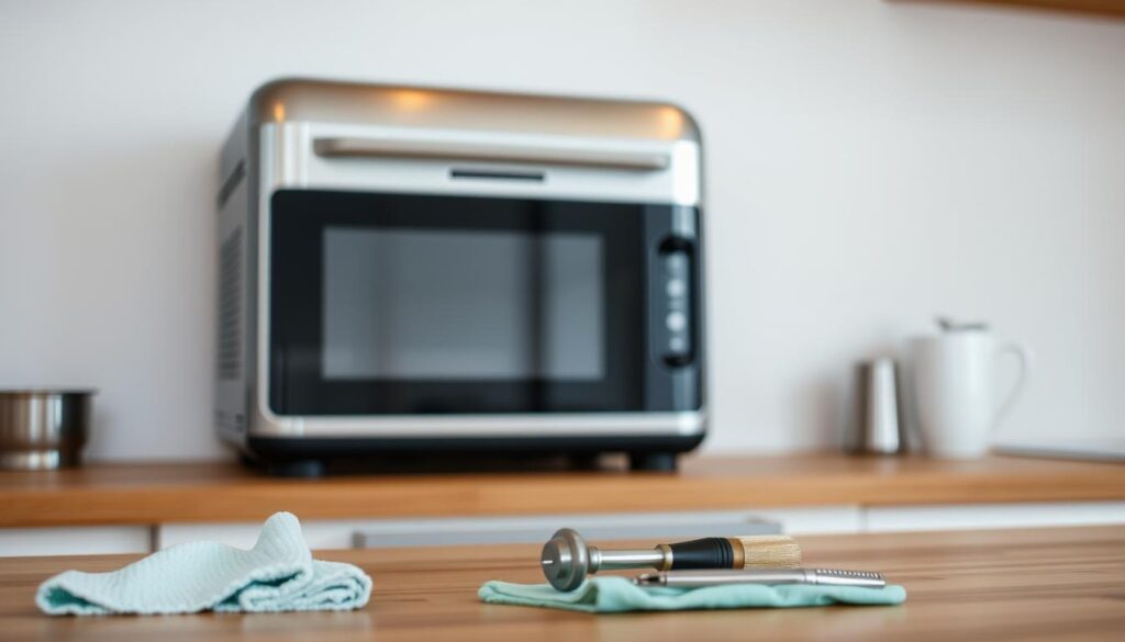 A well-maintained appliance, its sleek chrome exterior gleaming under the soft ambient lighting, sits atop a minimalist wooden countertop. The scene exudes a sense of order and diligence, conveying the importance of regular appliance care. In the foreground, a cleaning cloth and a set of tools suggest the hands-on attention required to keep the machine in top condition. The background fades into a blurred, neutral tone, allowing the appliance to take center stage and emphasize its significance. This image captures the essence of why proper appliance maintenance is crucial - to ensure long-lasting performance, energy efficiency, and a streamlined, harmonious kitchen environment. A well-maintained appliance, its sleek chrome exterior gleaming under the soft ambient lighting, sits atop a minimalist wooden countertop. The scene exudes a sense of order and diligence, conveying the importance of regular appliance care. In the foreground, a cleaning cloth and a set of tools suggest the hands-on attention required to keep the machine in top condition. The background fades into a blurred, neutral tone, allowing the appliance to take center stage and emphasize its significance. This image captures the essence of why proper appliance maintenance is crucial - to ensure long-lasting performance, energy efficiency, and a streamlined, harmonious kitchen environment.