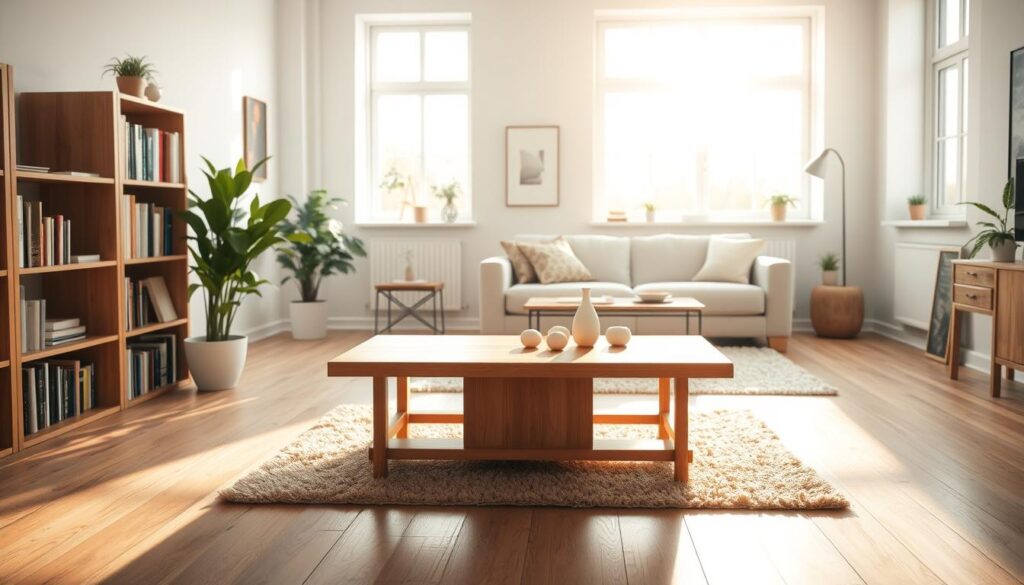 A bright, airy living room with natural light streaming through large windows. In the foreground, a neatly organized bookshelf and a potted plant. In the middle ground, a clean, minimalist wooden table with a few simple decorative items. The background features a comfy-looking sofa and a plush area rug, creating a cozy, relaxing atmosphere. The lighting is soft and warm, accentuating the clean, uncluttered aesthetic. The overall scene conveys a sense of calm, order, and productivity, perfectly capturing the "Wprowadzenie do porządkowania" theme. A bright, airy living room with natural light streaming through large windows. In the foreground, a neatly organized bookshelf and a potted plant. In the middle ground, a clean, minimalist wooden table with a few simple decorative items. The background features a comfy-looking sofa and a plush area rug, creating a cozy, relaxing atmosphere. The lighting is soft and warm, accentuating the clean, uncluttered aesthetic. The overall scene conveys a sense of calm, order, and productivity, perfectly capturing the "Wprowadzenie do porządkowania" theme.
