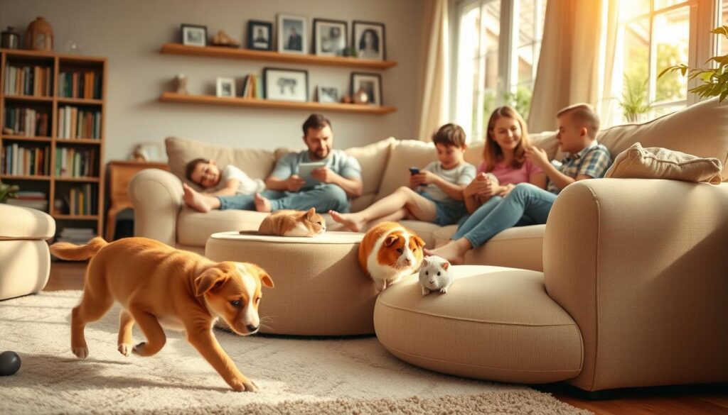 A cozy living room interior with a family relaxing on a plush sofa, surrounded by their furry companions. Warm lighting filters through large windows, illuminating the scene with a sense of comfort and connection. In the foreground, a playful puppy bounds across the floor, chasing after a toy. In the middle ground, a cat curls up contentedly on an armchair, while a child gently pets a guinea pig on their lap. The background features shelves filled with books and framed family photos, reflecting the joy and benefits of living harmoniously with beloved pets. A cozy living room interior with a family relaxing on a plush sofa, surrounded by their furry companions. Warm lighting filters through large windows, illuminating the scene with a sense of comfort and connection. In the foreground, a playful puppy bounds across the floor, chasing after a toy. In the middle ground, a cat curls up contentedly on an armchair, while a child gently pets a guinea pig on their lap. The background features shelves filled with books and framed family photos, reflecting the joy and benefits of living harmoniously with beloved pets.